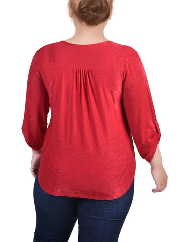 Plus Size 3/4 Roll Tab Zip Front Jacquard Knit Top