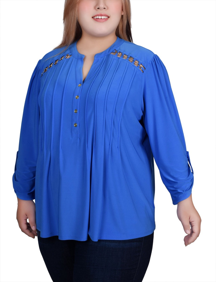  NY Collection Plus Size Long Sleeve Pintuck Front Top With Chain Details - Animal Lilas Dot - Bonton