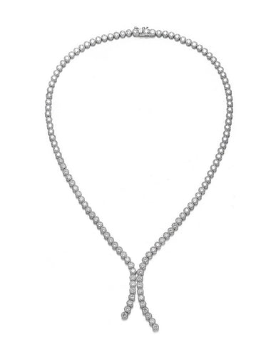Sterling Silver With Rhodium Plated Clear Round Cubic Zirconia Bezel Set Necklace
