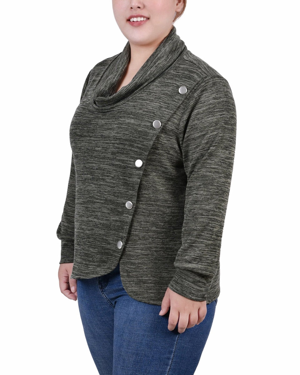  NY Collection Plus Size Long Sleeve Overlapping Cowl Neck Top - Pesto Green - Bonton