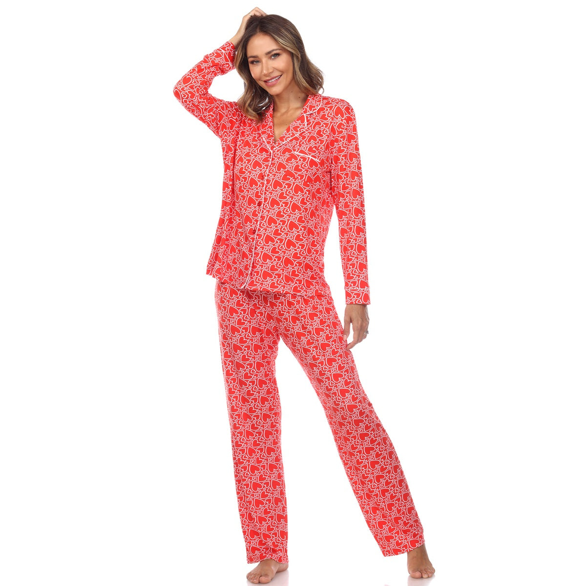  White Mark Women's Long Sleeve Heart Print Pajama Set - M - Bonton