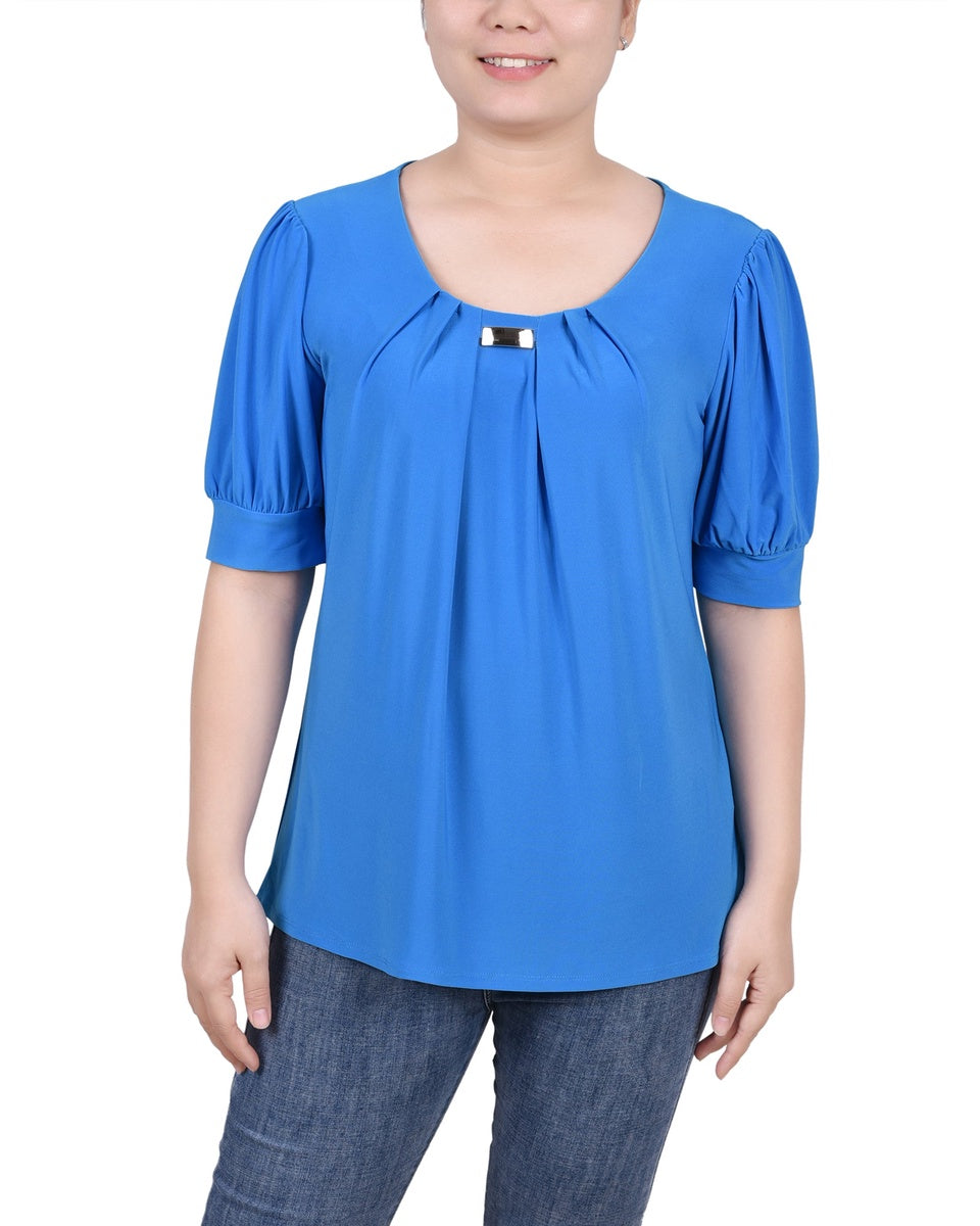  NY Collection Short Sleeve Balloon Sleeve Top With Hardware - Samoan Sun - Bonton