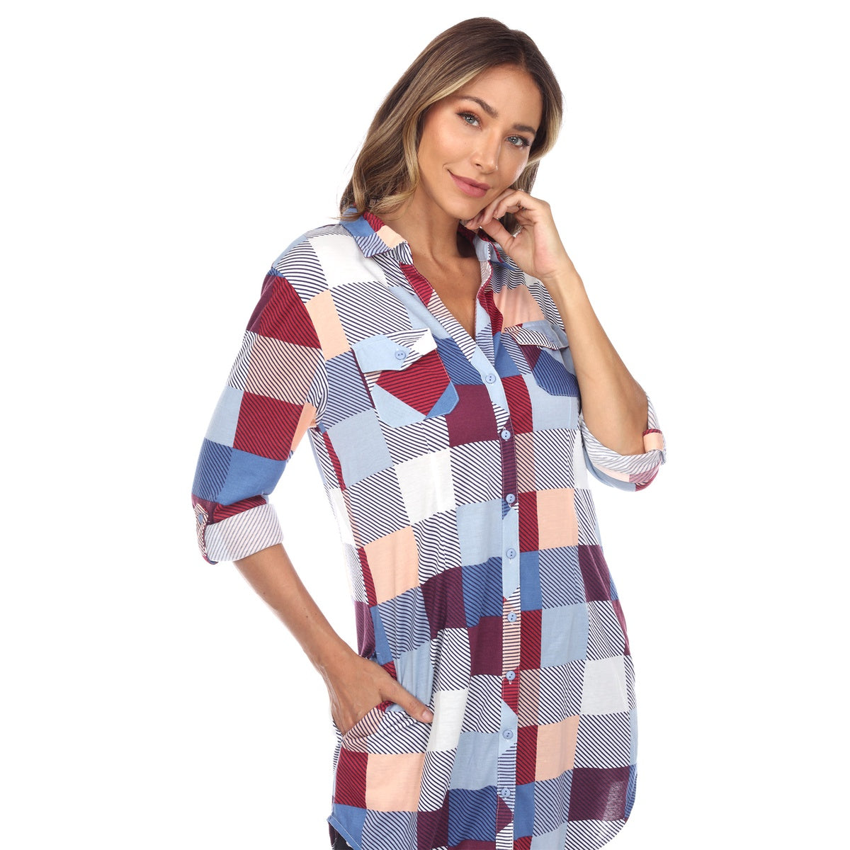  White Mark Women's Plaid Button Down Tunic Top - S - Bonton