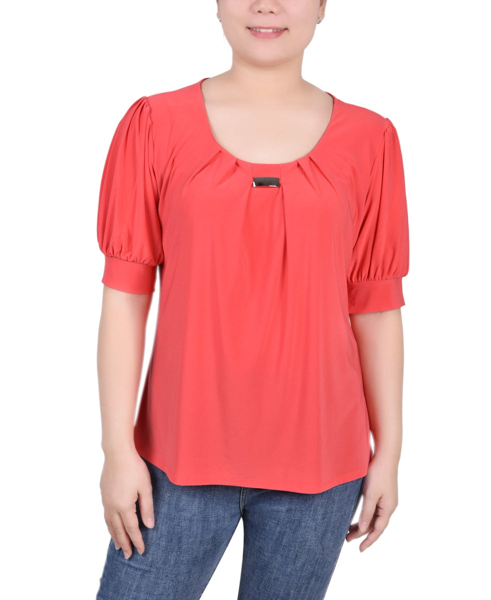  NY Collection Short Sleeve Balloon Sleeve Top With Hardware - Black - Bonton