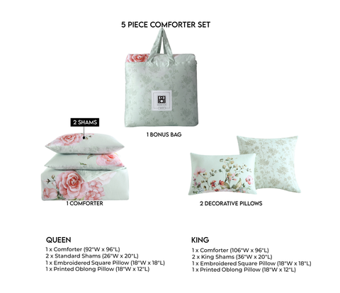 Rose on Misty Green 100% Cotton 5-Piece Reversible Comforter Set