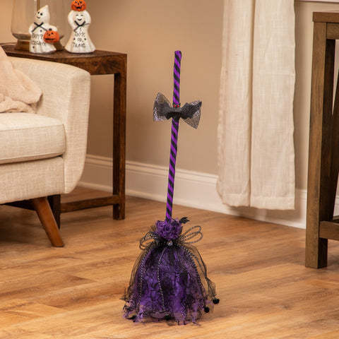 Striped Animated Witches Halloween Broom Decoration - 29" - Purple and Black