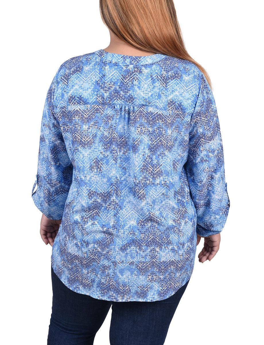  NY Collection Plus Size Long Roll Tab Sleeve Pintuck Front Blouse - Blue Chevron - Bonton