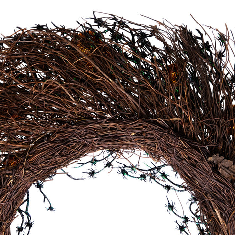 Black and Orange Skulls and Spiders Halloween Twig Wreath  22-Inch  Unlit