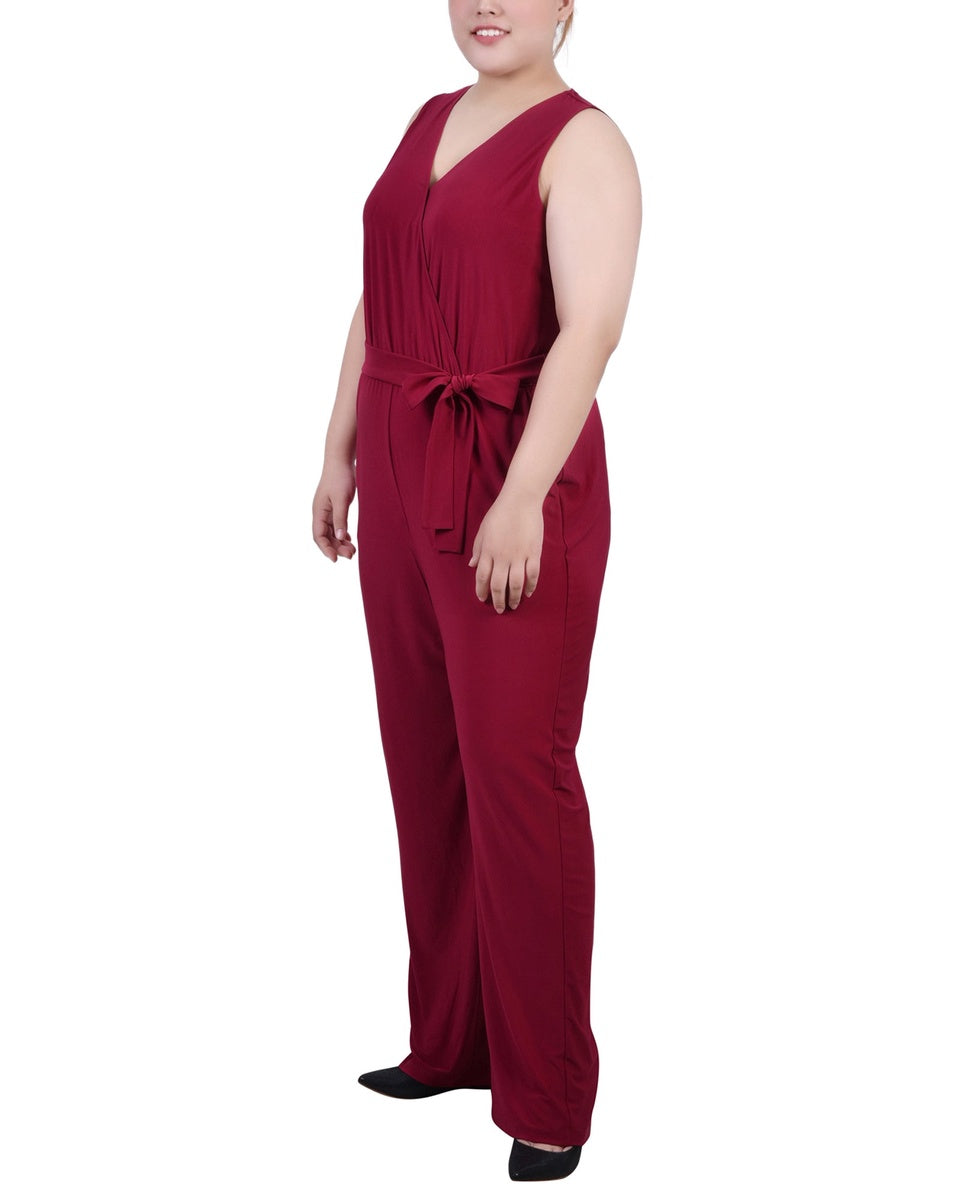  NY Collection Plus Size Sleeveless Belted Jumpsuit - Beet Red - Bonton