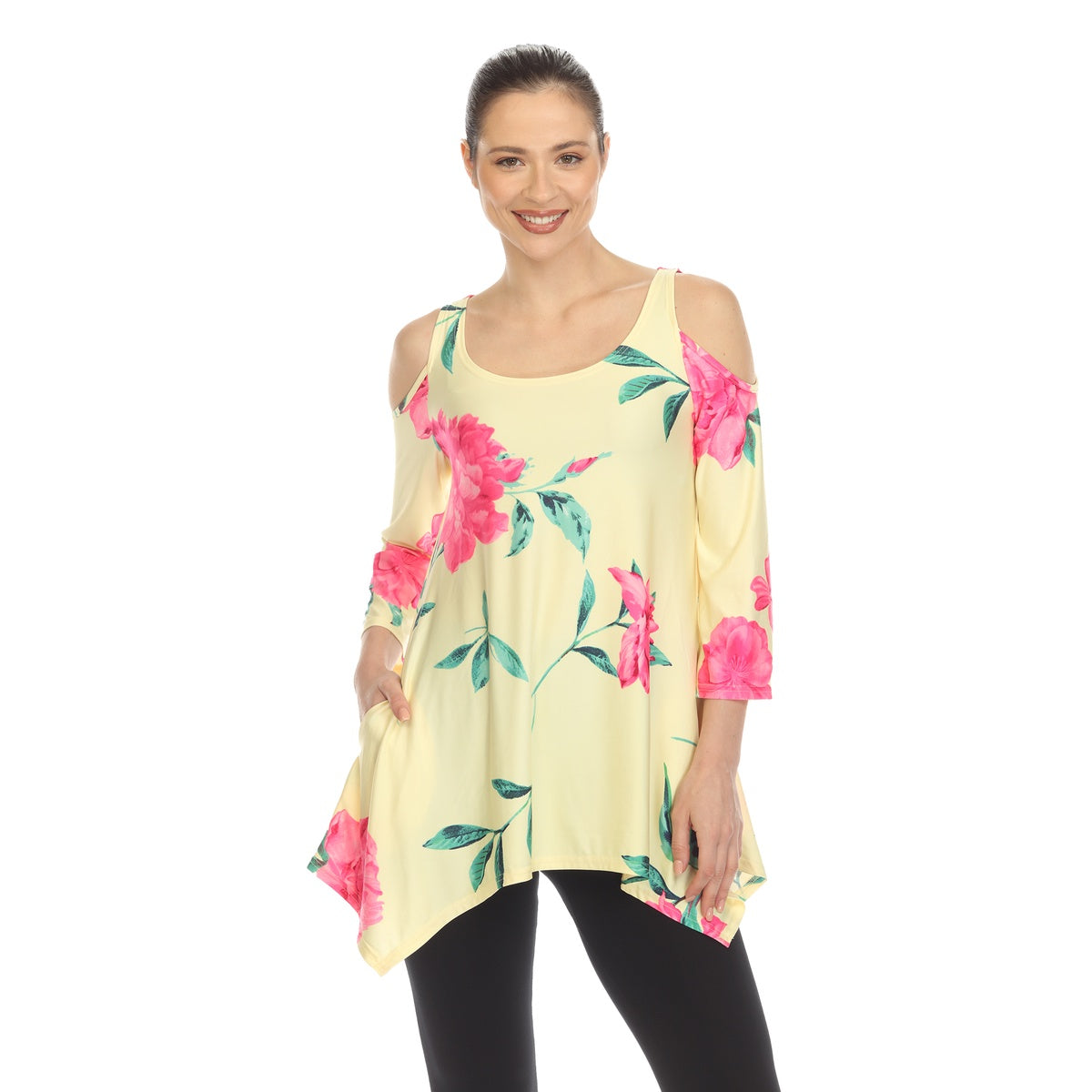  White Mark Women's Floral Printed Cold Shoulder Tunic - S - Bonton