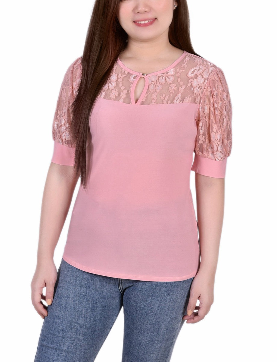  NY Collection Petite Short Puff Sleeve Top With Lace Sleeves and Yoke - Black - Bonton