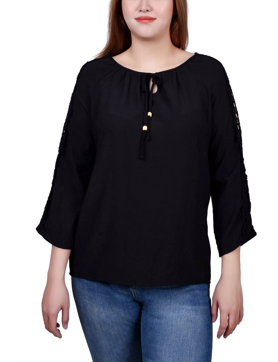  NY Collection 3/4 Sleeve Crochet Detail Blouse - Blue - Bonton