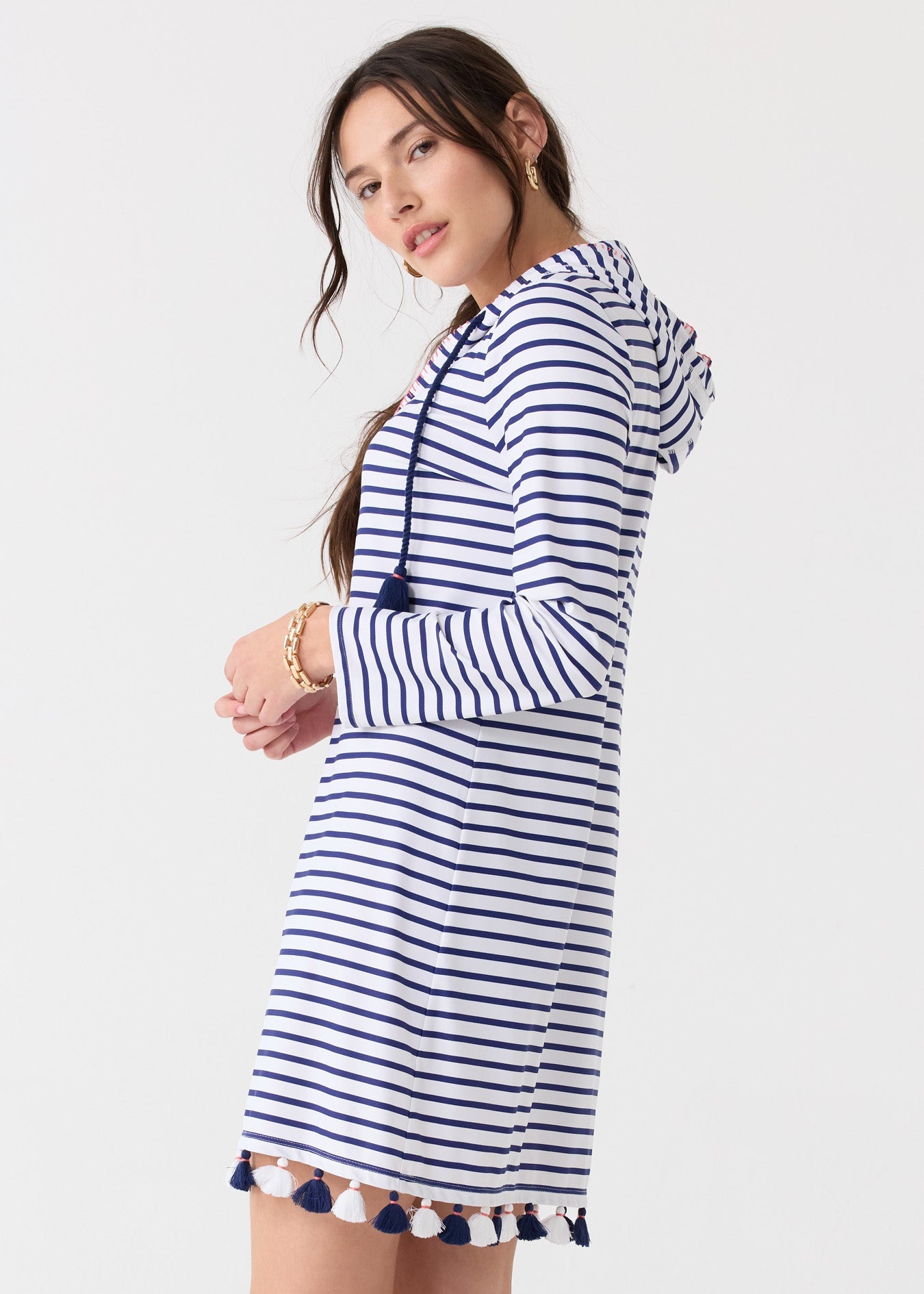  Cabana Life Navy Stripe Hooded Cover Up - M - Bonton
