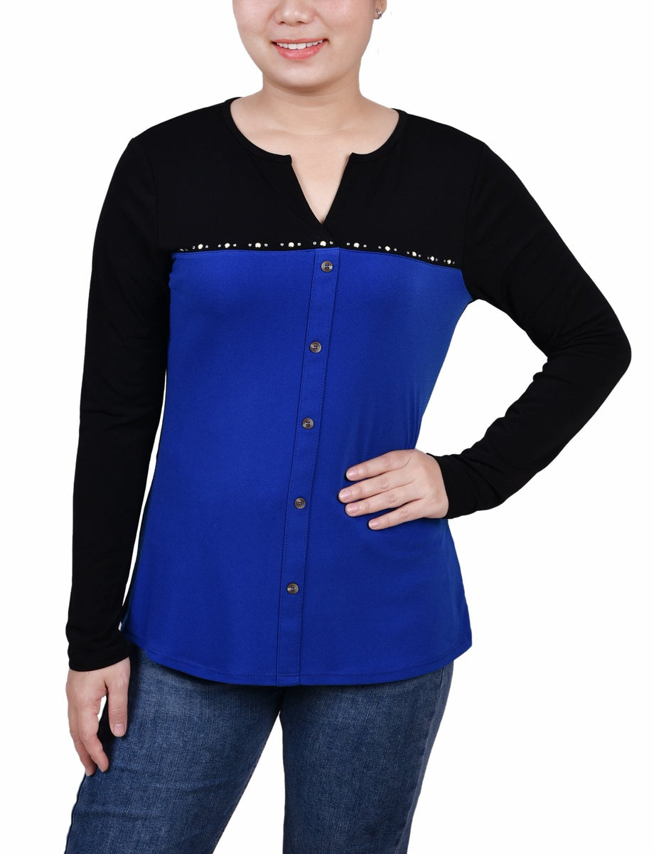  NY Collection Long Sleeve Studded Colorblocked Split Neck Top - Doeskin - Bonton
