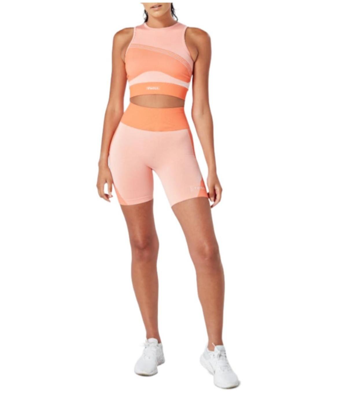  Twill Active Women's Recycled Color Block Racer Crop Top - Coral - Bonton