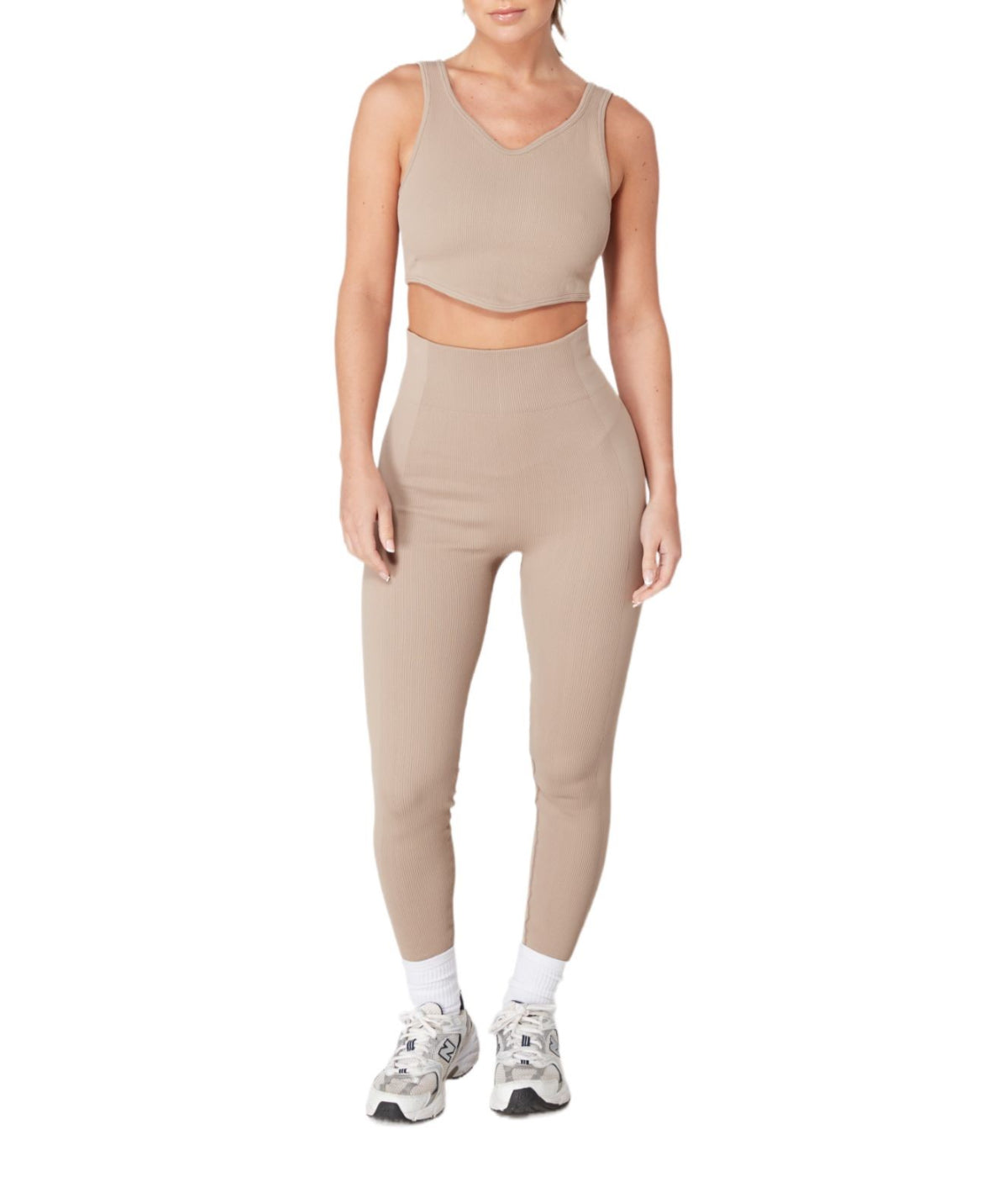  Twill Active Women's Recycled Seamless Rib Dip Hem Sports Bra - Mocha - Bonton