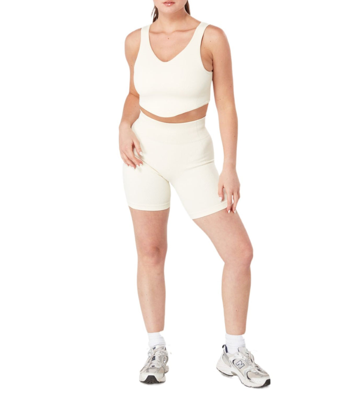  Twill Active Women's Recycled Seamless Rib Dip Hem Sports Bra - Cream - Bonton