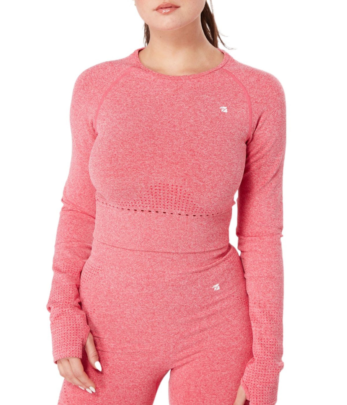  Twill Active Women's Recycled Seamless Marl Laser Cut Full Sleeve Crop Top - Pink - Bonton