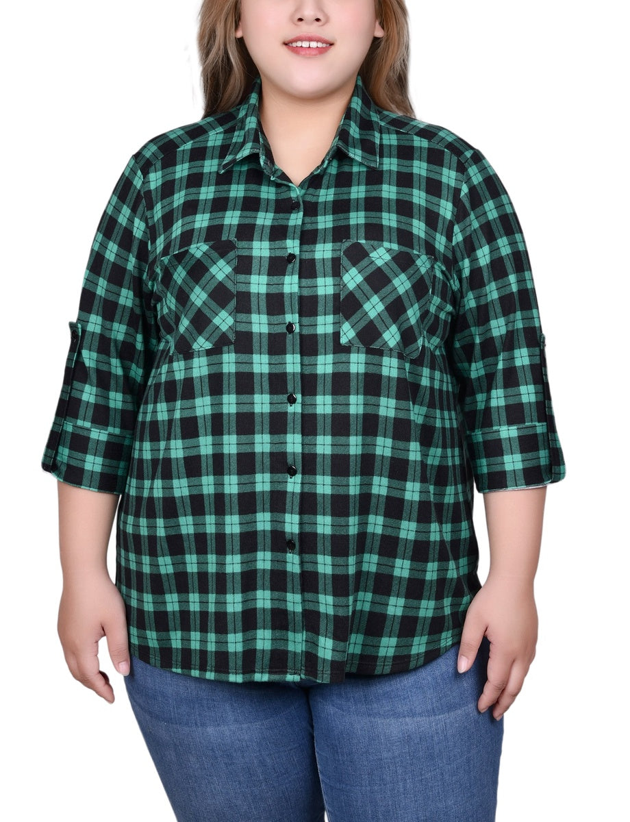  NY Collection Plus Size Long Sleeve Button Front Tunic Top - Rust Denim Plaid - Bonton