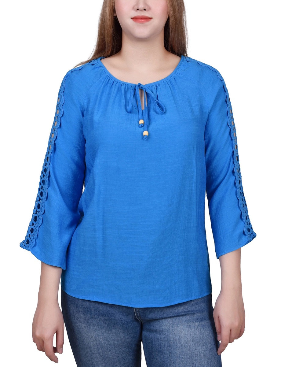  NY Collection 3/4 Sleeve Crochet Detail Blouse - Blue - Bonton