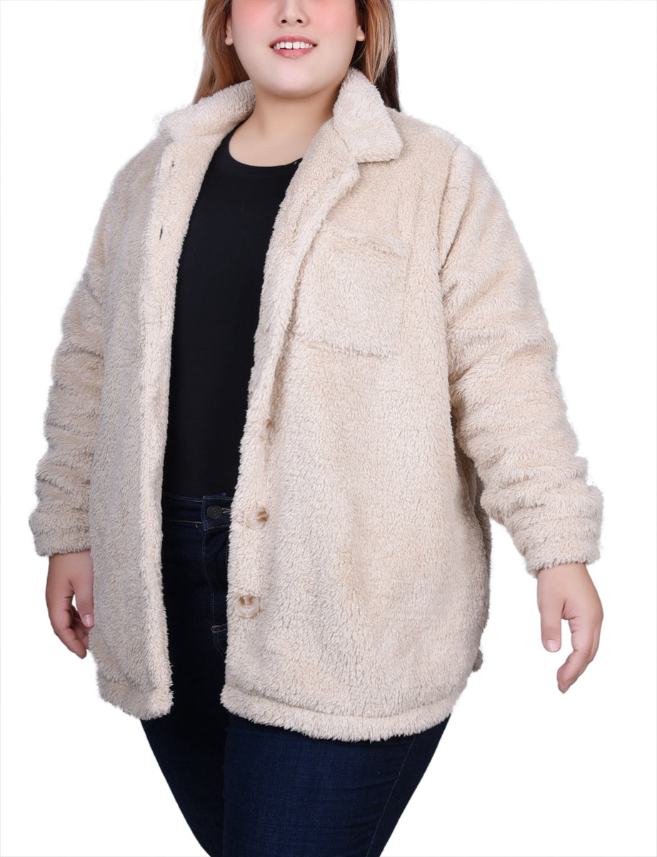  NY Collection Plus Size Long Sleeve Button Front Sherpa Jacket - Ivory - Bonton