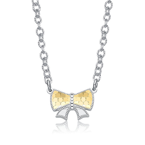 Two-Tone Textured Bow Tie Pendant Necklace, White Gold Plated & 14K Gold Plated