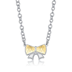 Two-Tone Textured Bow Tie Pendant Necklace, White Gold Plated & 14K Gold Plated