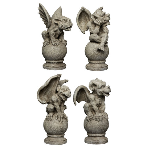 Set of 4 Gargoyles on Pedestals Outdoor Garden Statues 13"