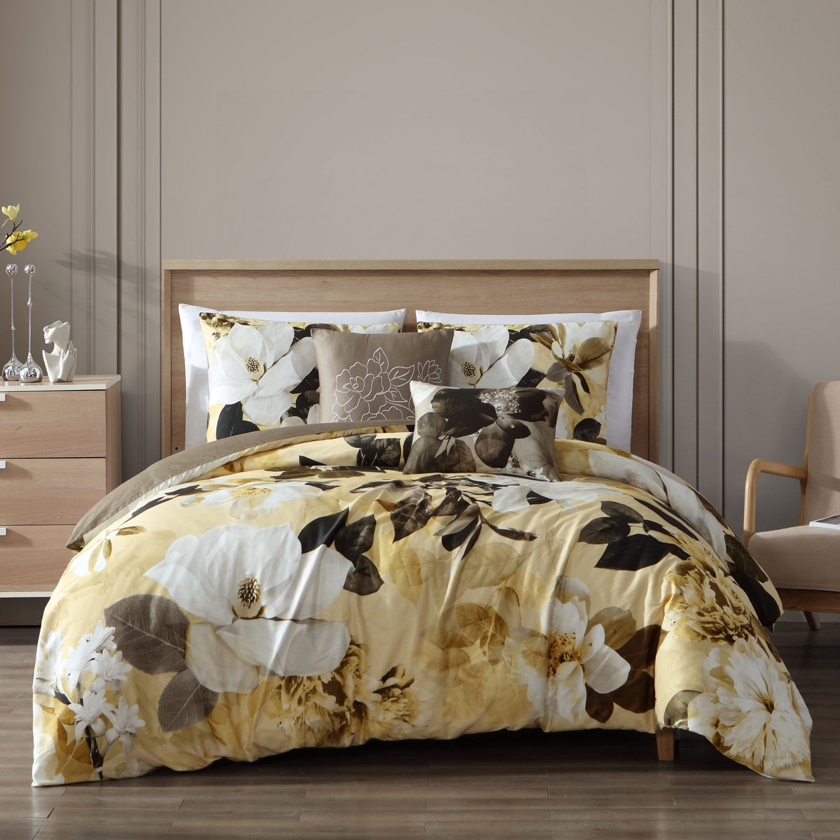  Bebejan Yellow Magnolia 100% Cotton 5 Piece Reversible Comforter Set - QUEEN - Bonton