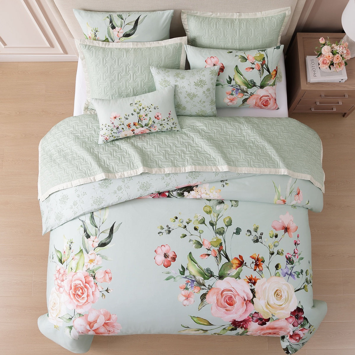  Bebejan Bebejan Rose on Misty Green 8 Piece Reversible Comforter & Coverlet Set - QUEEN - Bonton