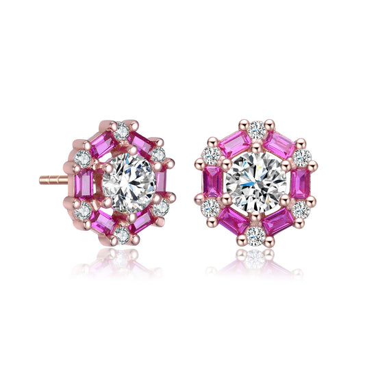 Ga Rhodium Plated With Round Baguette Cubic Zirconia Stud Earrings