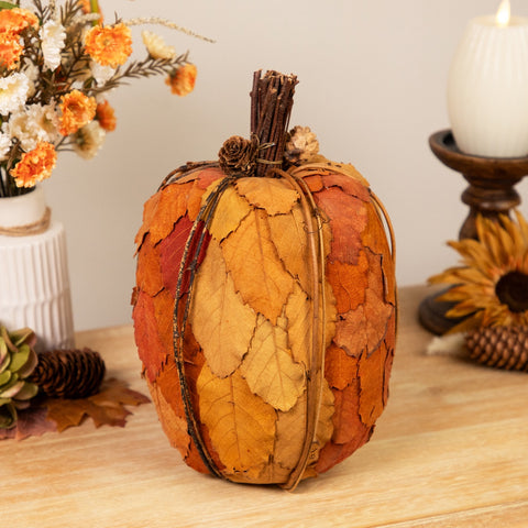 Fall Harvest Pumpkin With Layered Leaves and Pinecones - 9.75" - Orange and Brown