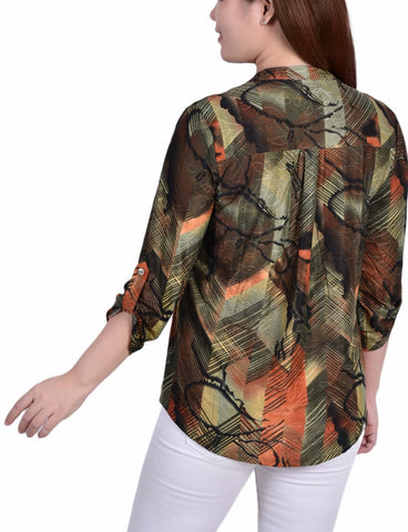 3/4 Roll Tab Sleeve Y Neck Top