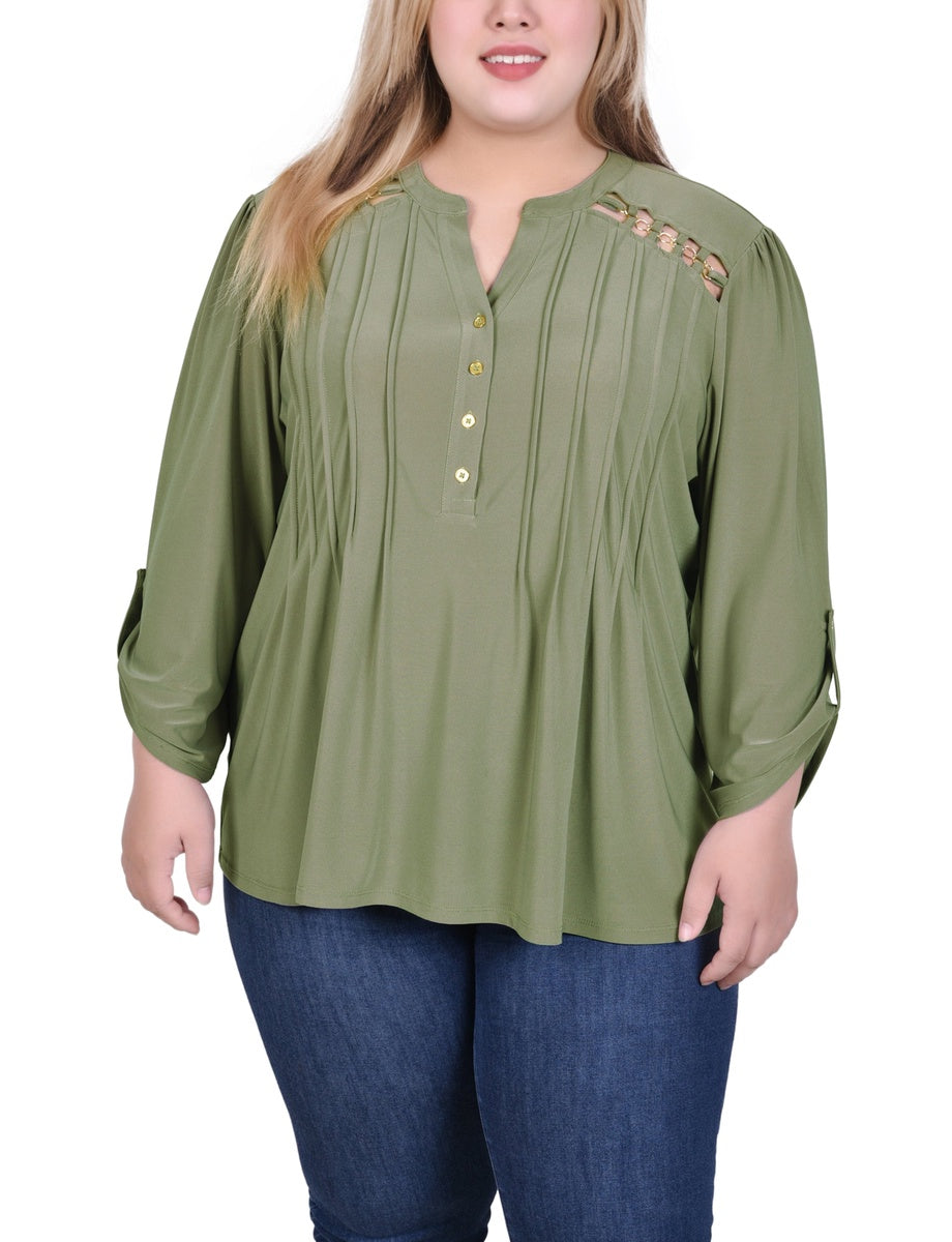  NY Collection Plus Size Long Sleeve Pintuck Front Top With Chain Details - Animal Lilas Dot - Bonton