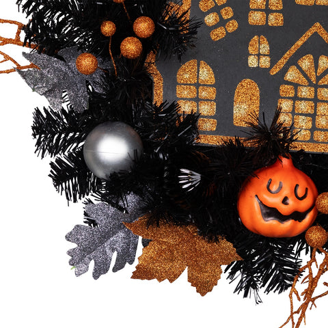 Orange and Black Haunted House Halloween Wreath  24-Inch  Unlit