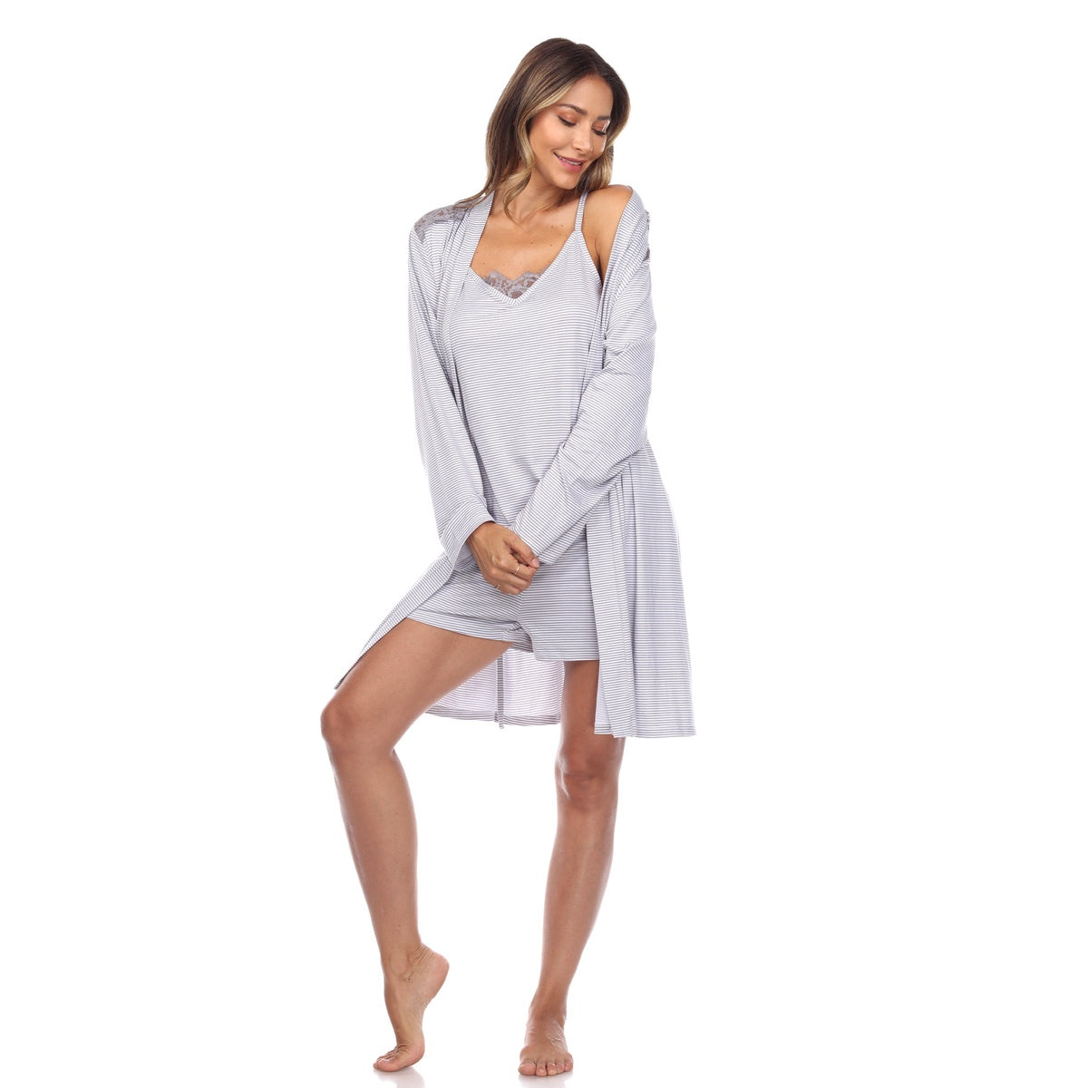  White Mark Women's 3 Piece Striped Pajama & Robe Set - XL - Bonton