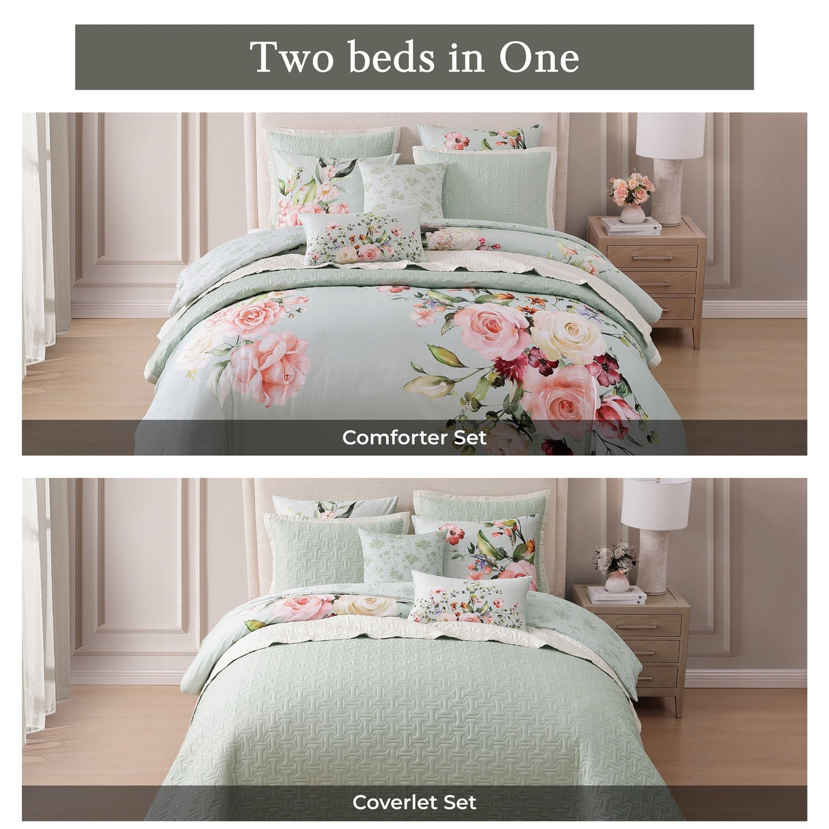  Bebejan Bebejan Rose on Misty Green 8 Piece Reversible Comforter & Coverlet Set - QUEEN - Bonton