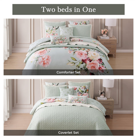 Bebejan Rose on Misty Green 8 Piece Reversible Comforter & Coverlet Set
