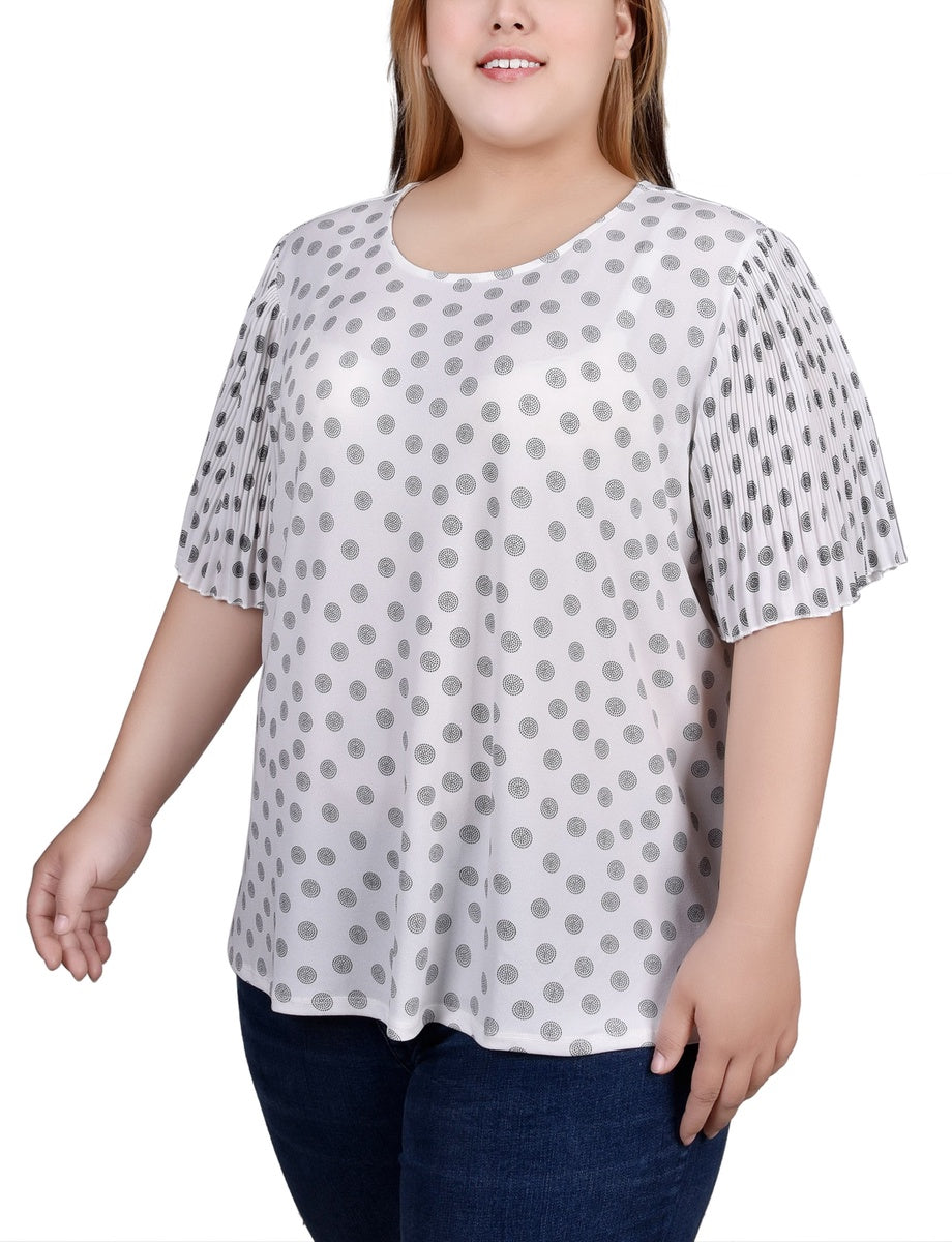  NY Collection Plus Size Pleated-Sleeve Top - White Black Dotcircles - Bonton