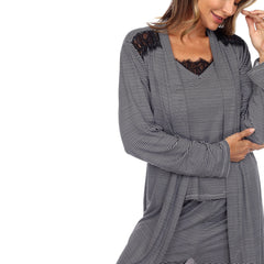 Women's 3 Piece Striped Pajama & Robe Set