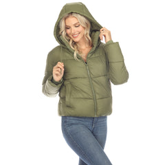 Women's Full Front Zip Hooded Bomber Puffer Jacket