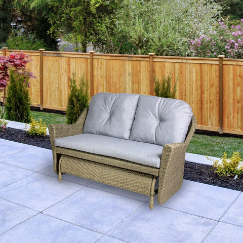46" Taupe Gray Resin Wicker Deep Seated Double Glider With Gray Cushions