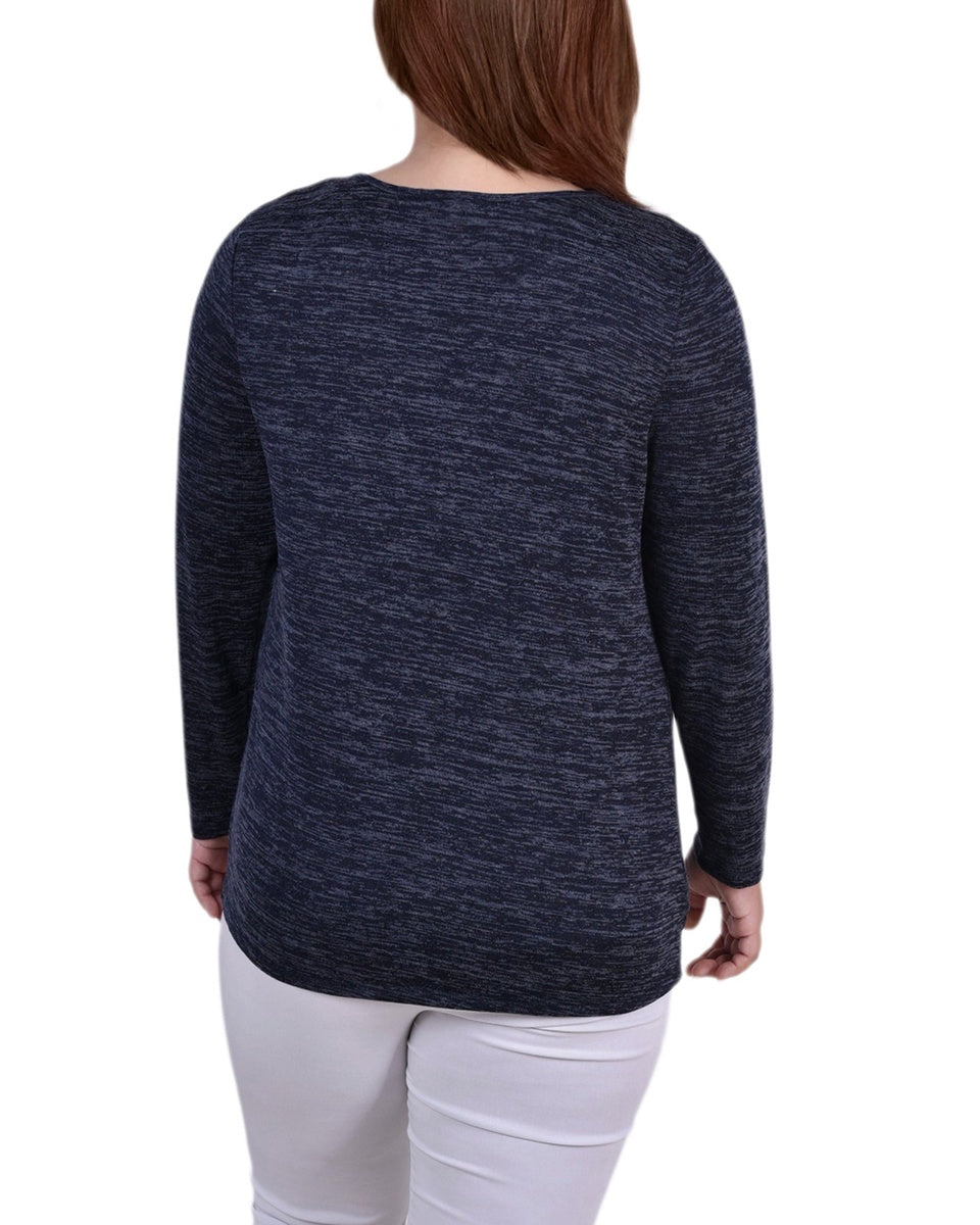  NY Collection Plus Size Long Sleeve Knit Keyhole Top With Studs - Navy - Bonton