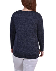 Plus Size Long Sleeve Knit Keyhole Top With Studs