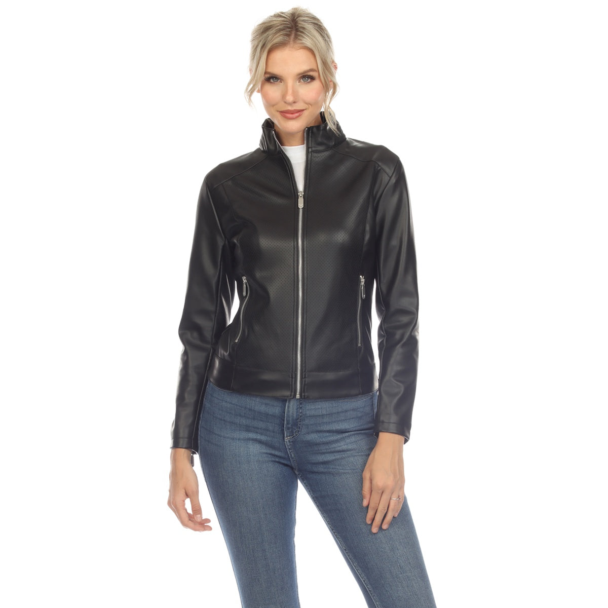  White Mark Women's Classic Biker Faux Leather Jacket - Small - Bonton