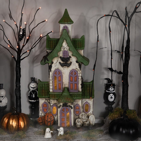 LED Lighted Haunted House With Skulls Halloween Decoration - 22.75"