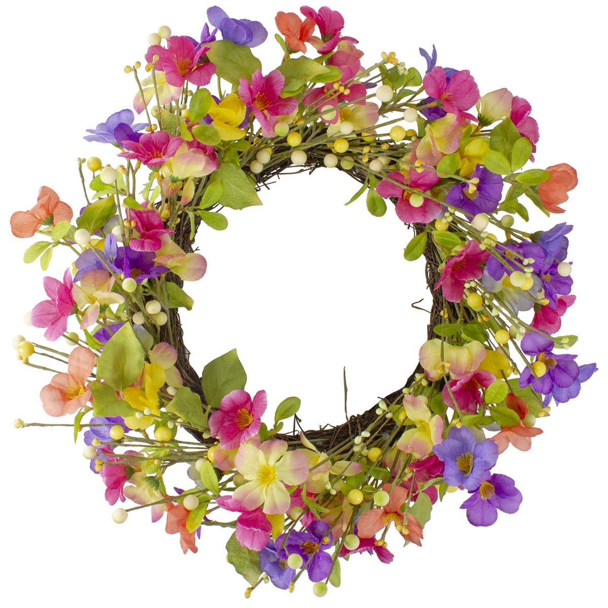  Northlight Wild Flowers and Berries Artificial Spring Twig Wreath  Pink and Yellow - 20-Inch - Default Title - Bonton