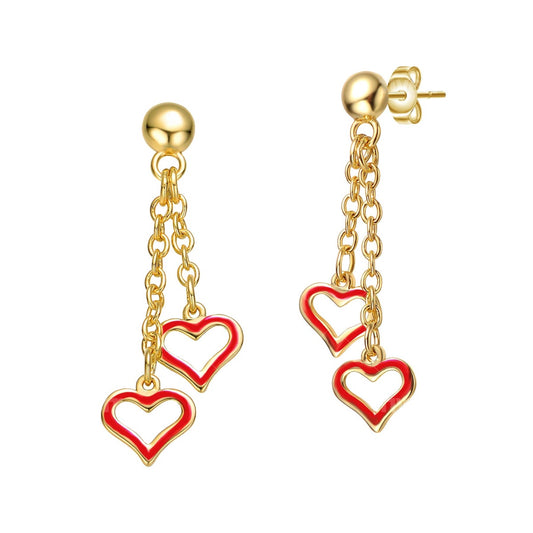 RG Kids 14k Yellow or Red Gold Plated Double Heart Halo Dangle Chain Drop Earrings