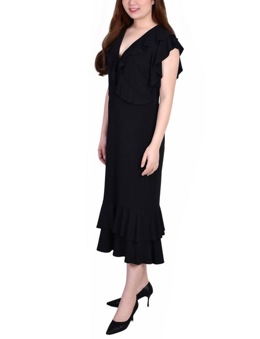Short Flutter Sleeve Ruffle Neck Dress