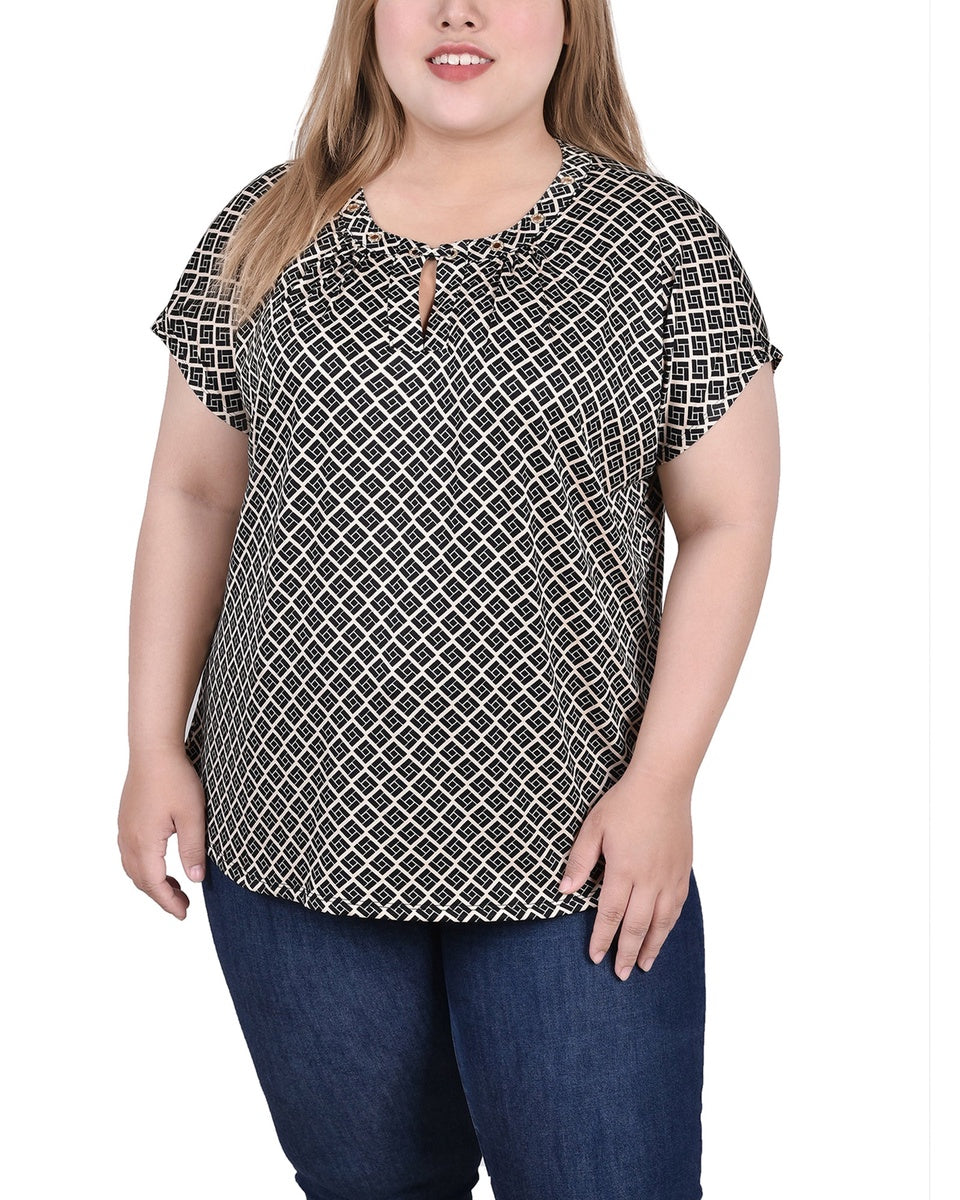  NY Collection Plus Size Extended Sleeve Top With Grommets - Black Blue Taupe Abstract - Bonton